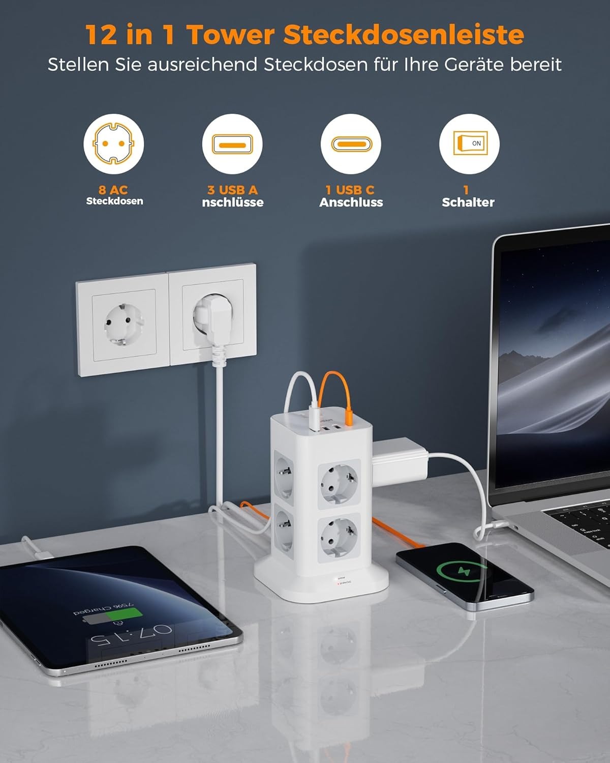 BF EXPRESS: <b>TESSAN Power Strip cu 8 prize</b>, USB-C i protecie