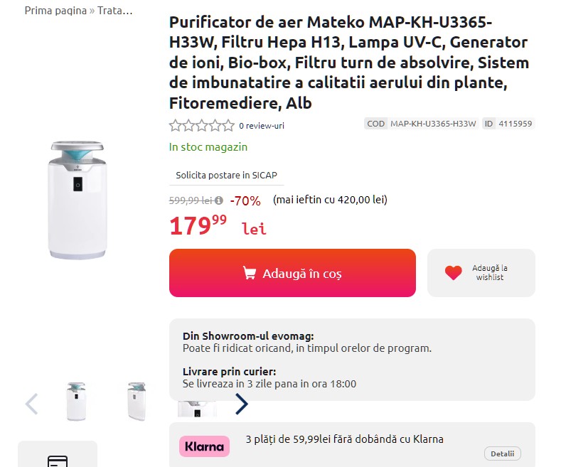 BF EXPRESS: Purificatorul de aer <b>Mateko MAP-KH-U3365-H33W</b> are